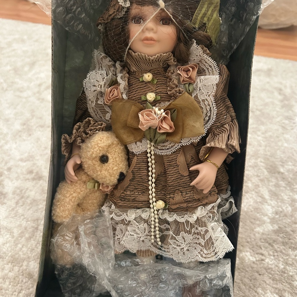 Vintage Style Porcelain Doll with Bear